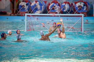Swimmers at the Maccabi games play water polo